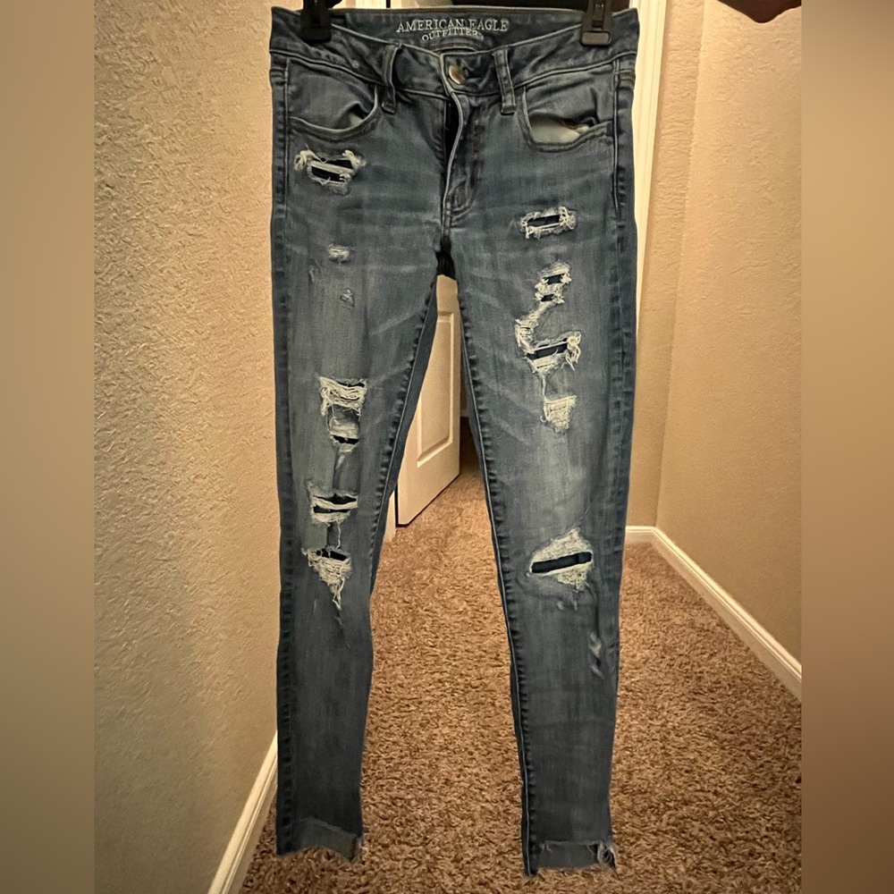 American Eagle Outfitters Ripped Skinny Jeans - Light Blue